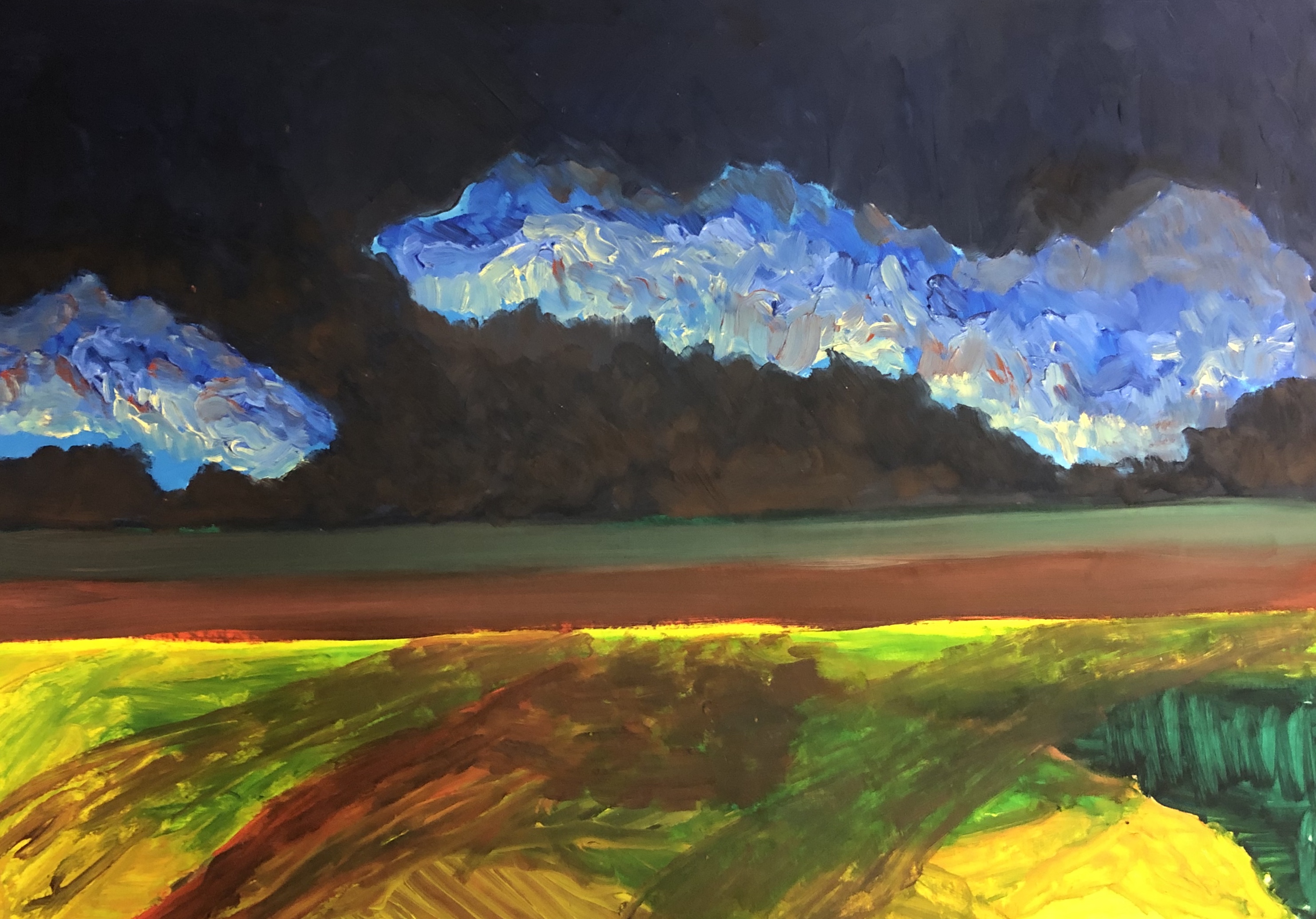 Feld mit Wolken II 55cm x 35cm Öl auf Papier 2022